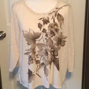 Alfred Dunner cream colored flowered blouse 3/4 sleeved PXL